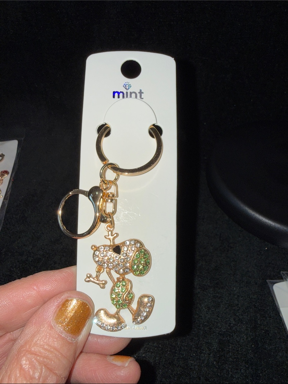 Mint Gold-tone dog Charm Keychain with Green and Clear Crystals